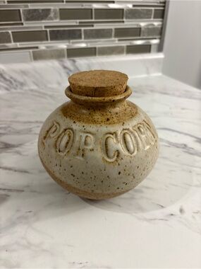 Vintage Pottery Popcorn Seed jar with cork lid handmade signed studio pottery